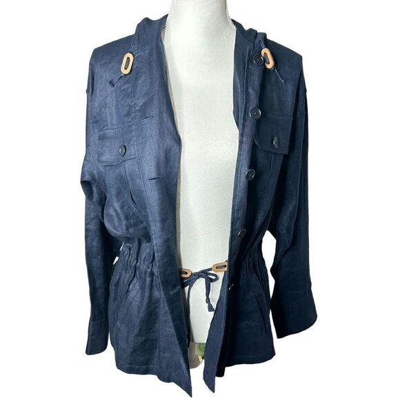 Lauren Ralph Lauren Women’s Blue 100% Linen Cinched Waist Hooded Jacket Sz M - Picture 4 of 7